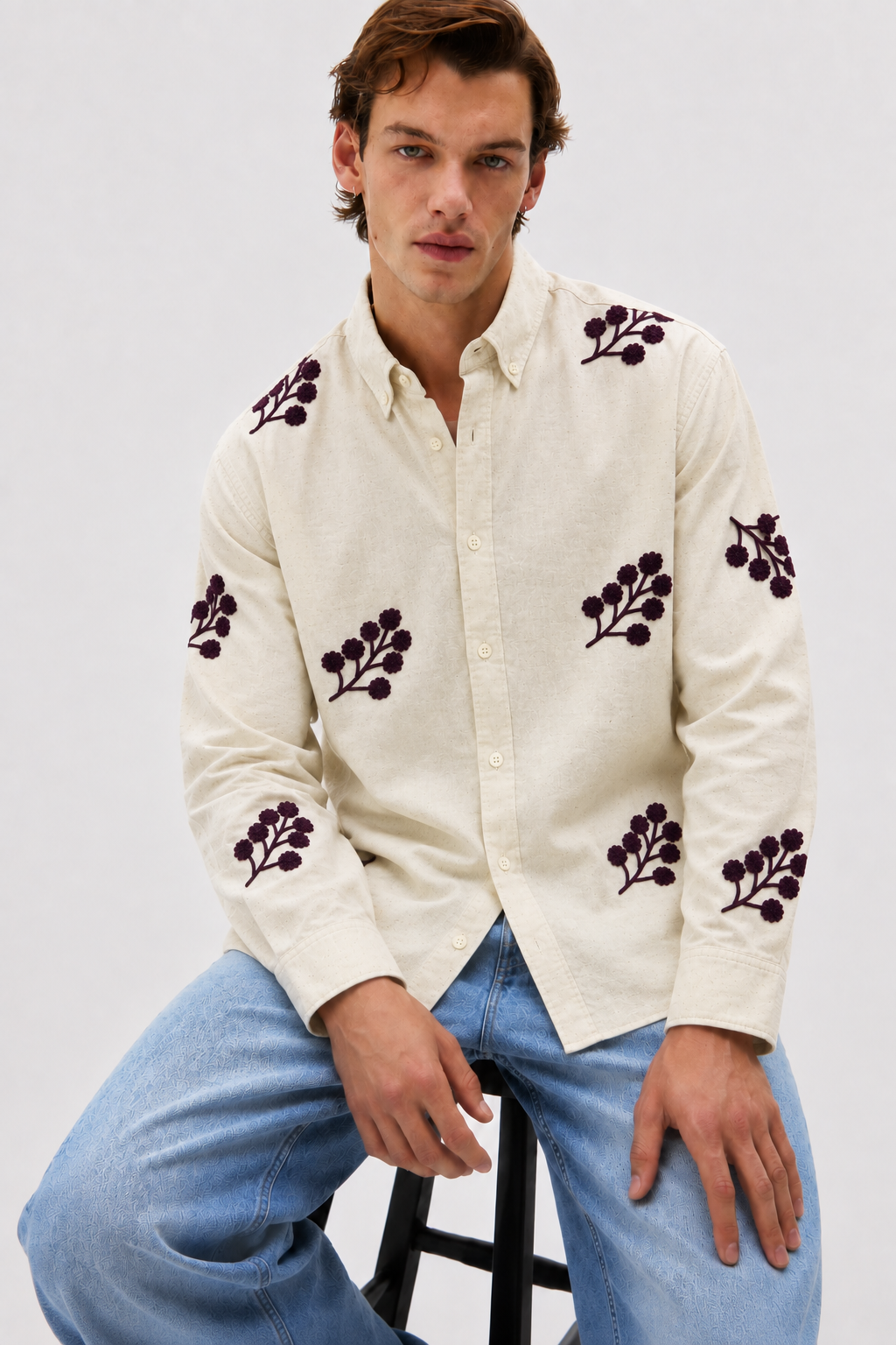 Bordeaux Black Bloom Embroidered Shirt
