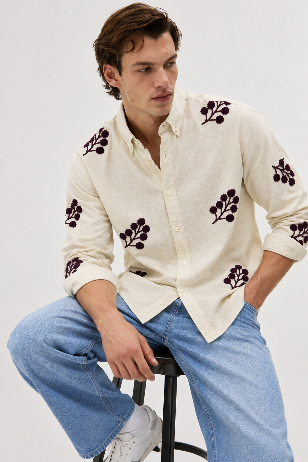 Bordeaux Black Bloom Embroidered Shirt