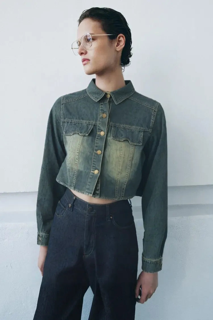 WOMEN DENIM CROP SHIRT