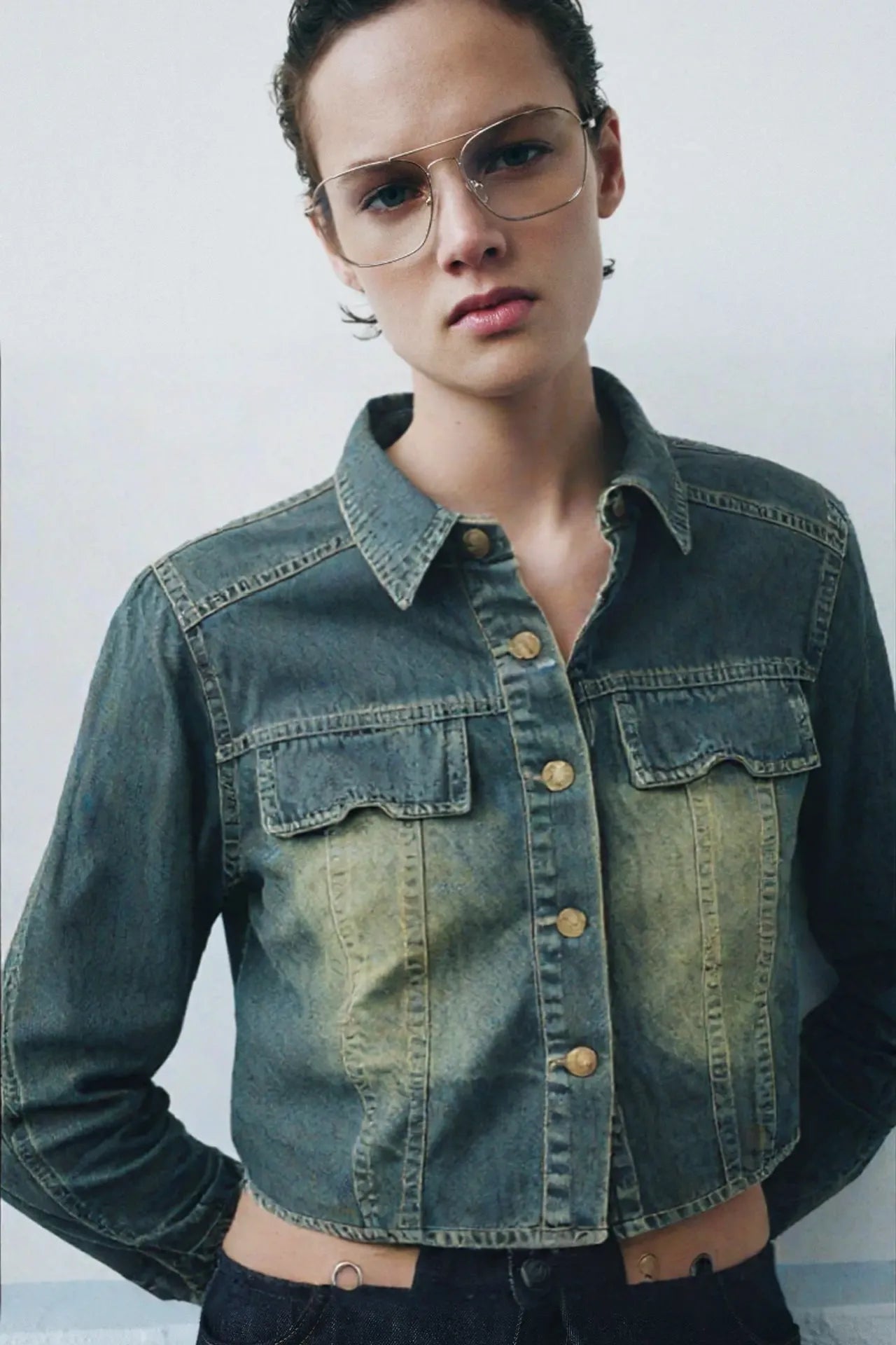 WOMEN DENIM CROP SHIRT